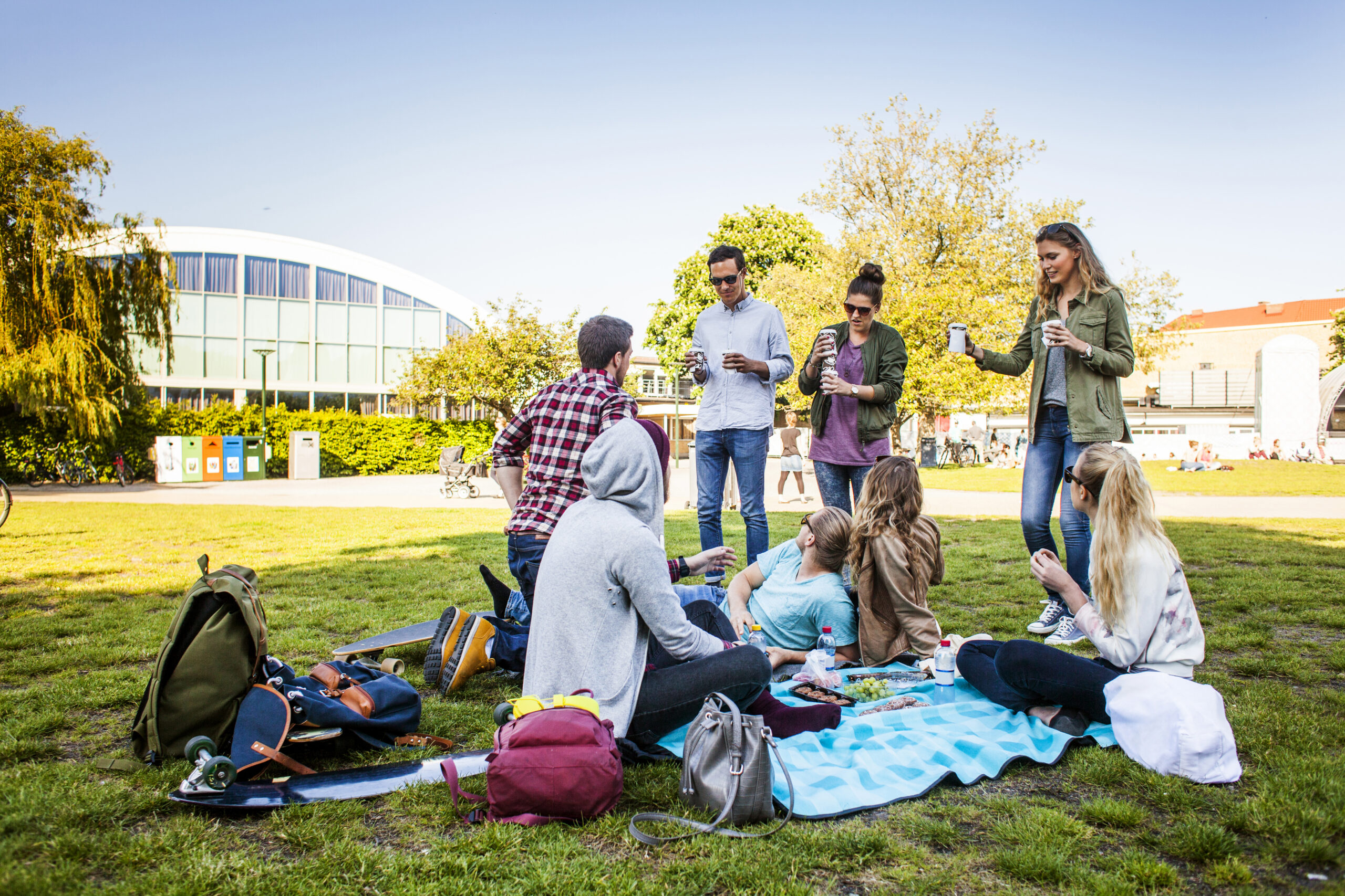 Group of friends enjoying picnic at park against clear sky